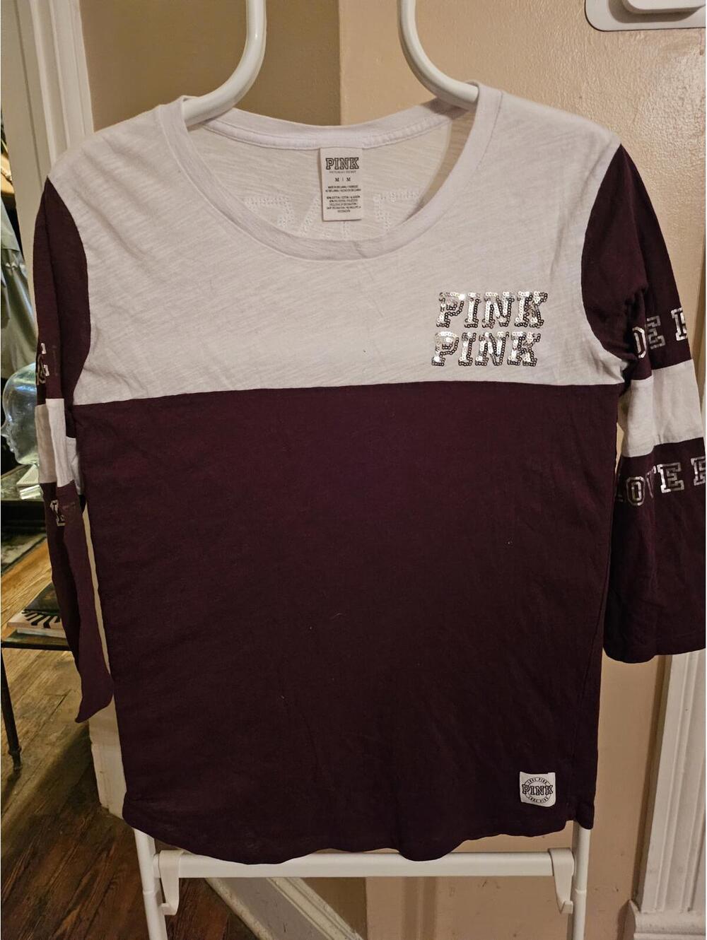 Victoria Secret Women's PINK Maroon and white 3/4 Sleeve T- Shirt - Size M - EUC